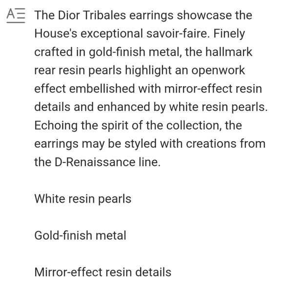DIOR TRIBALES EARRINGS Gold-Finish Metal with White Resin Pearls and Mirrors - Picture 10 of 10
